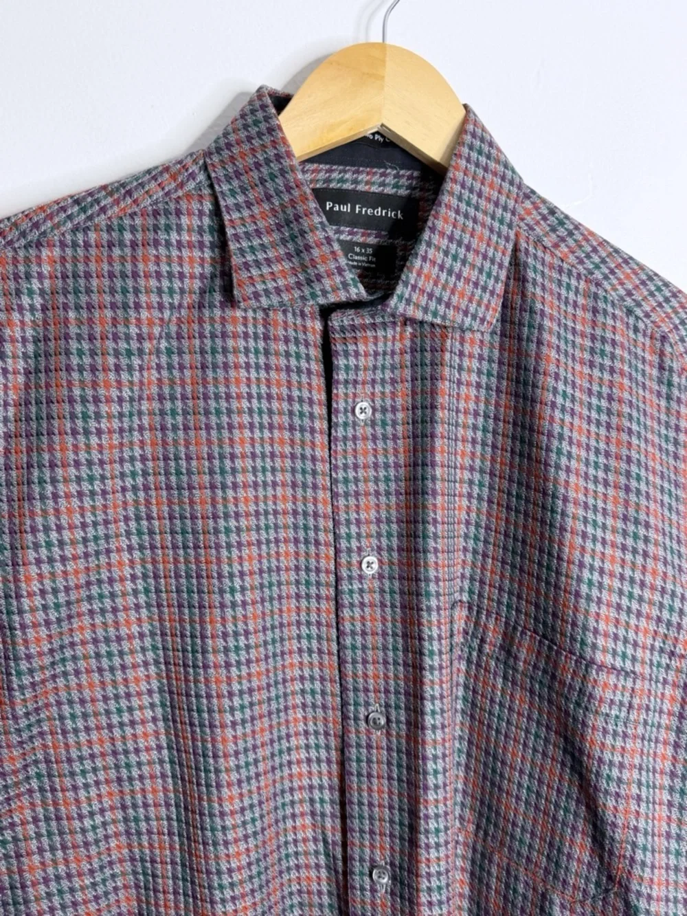 Paul Fredrick Houndstooth Plaid Multicolor Shirt 16 Classic Preppy‎ Smart Casual